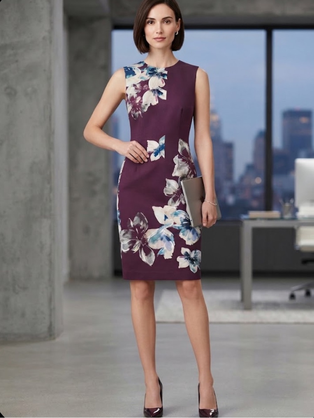 NWT Calvin Klein Plum Floral Sleeveless Scuba Sheath Dress Size 2